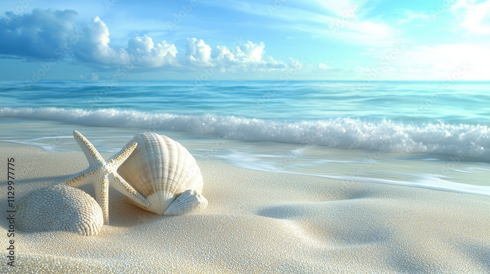 Obraz premium A serene coastal scene featuring seashells on soft sand with gentle waves lapping at the shore under a bright blue sky.