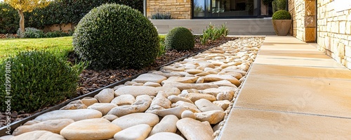 Canvas Print A serene pathway lined with smooth stones, bordered by manicured shrubs, leading to an inviting entrance