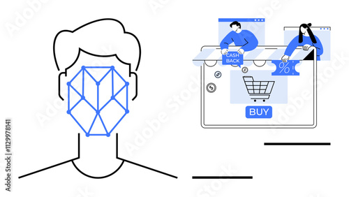 Human face with geometric facial recognition lines next to online shopping scene with cashback and discounts. Ideal for tech security, e-commerce, marketing, financial services, retail, online