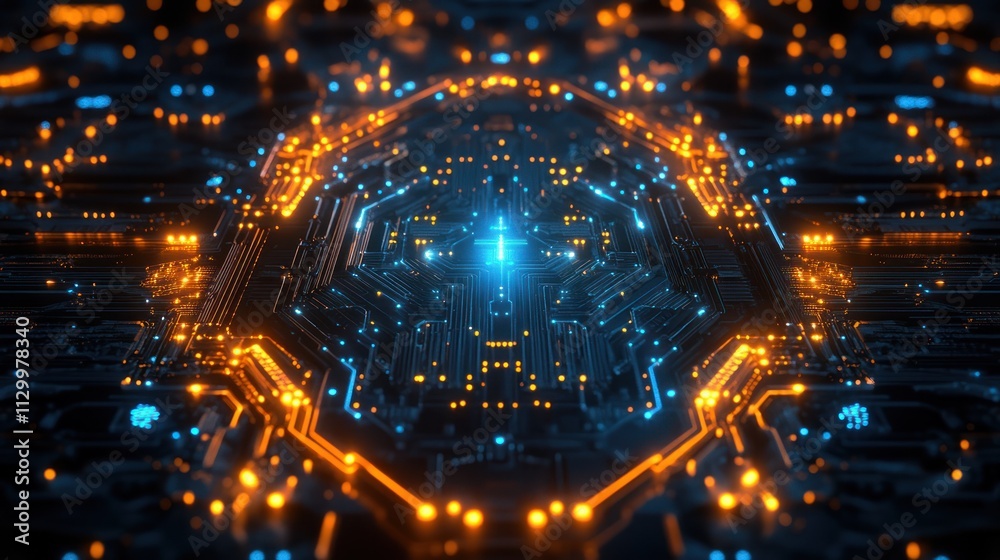 Abstract digital circuit design with glowing lights. Abstract digital circuit design with glowing lights.