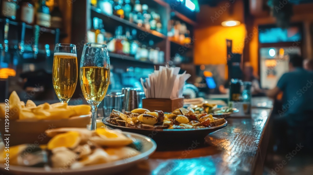 Fototapeta premium Sampling traditional tapas in a lively bar in Seville, Spain, surrounded by vibrant energy