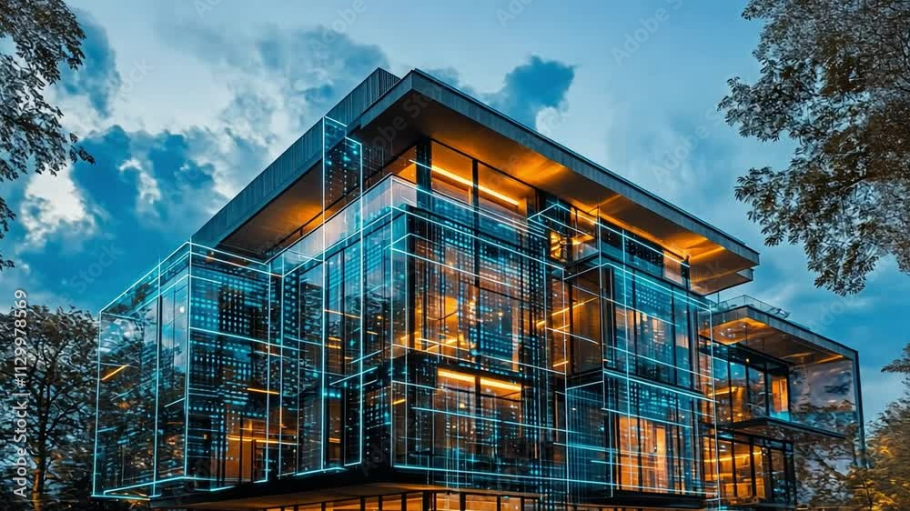 Modern Architecture at Dusk: A sleek, contemporary office building bathed in warm evening light, its glass facade reflecting the vibrant sky.  The building's design speaks to innovation.
