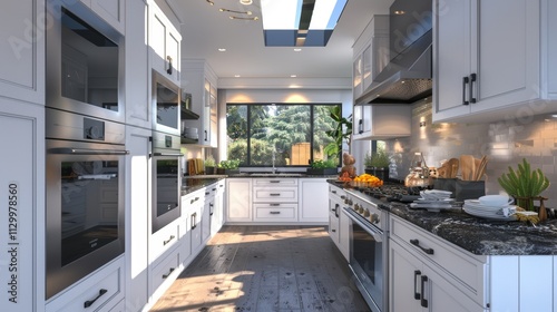 A modern kitchen featuring white cabinetry, soapstone countertops