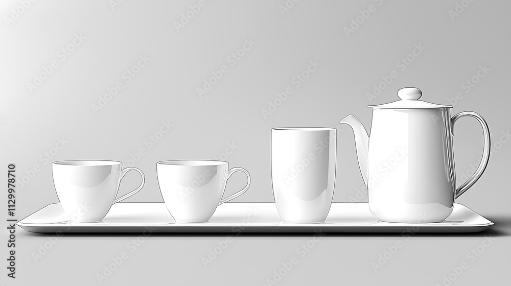 simple drawing of white tea set on tray, featuring cups and teapot, evokes sense of elegance and tranquility