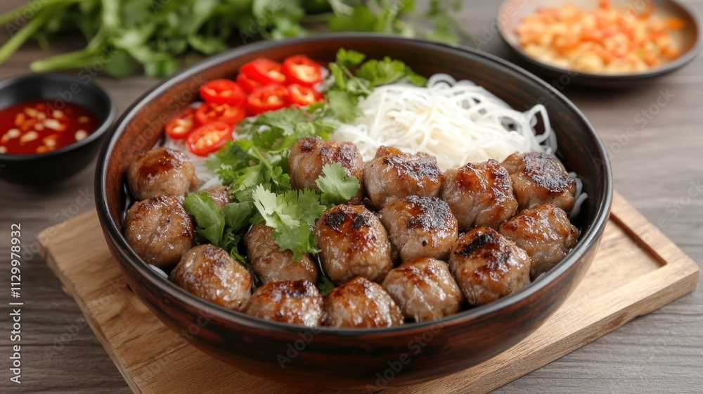 A bowl of grilled meatballs served with noodles, herbs, and chili for a flavorful meal. A bowl of grilled meatballs served with noodles, herbs, and chili for a flavorful meal.