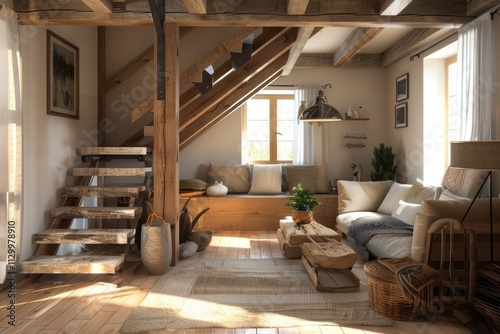 Farmhouse-style modern living room with a wooden staircase, cozy decor, and warm natural light creating a rustic yet elegant atmosphere