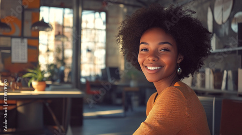 Happy African American Woman Smiling in Modern Office