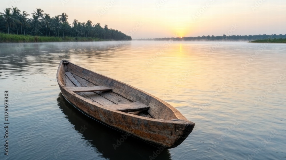 Wooden boat on serene lake at sunset Wooden boat on serene lake at sunset