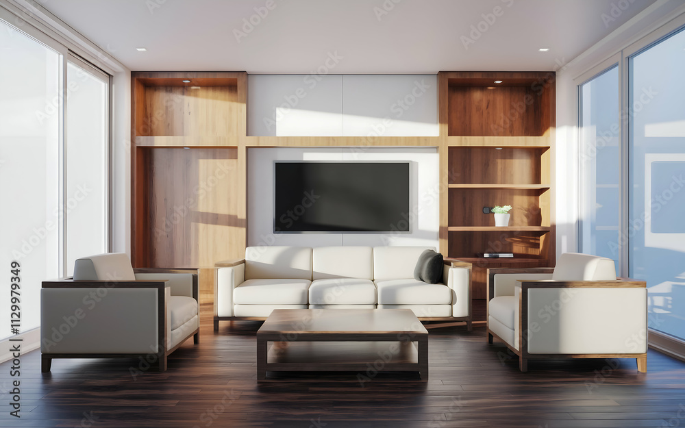 modern living room with a large blue sofa and two white armchairs. The room has wooden , including a wooden coffee table and a bookshelf. There is a potted plant near the window modern living room with a large blue sofa and two white armchairs. The room has wooden , including a wooden coffee table and a bookshelf. There is a potted plant near the window