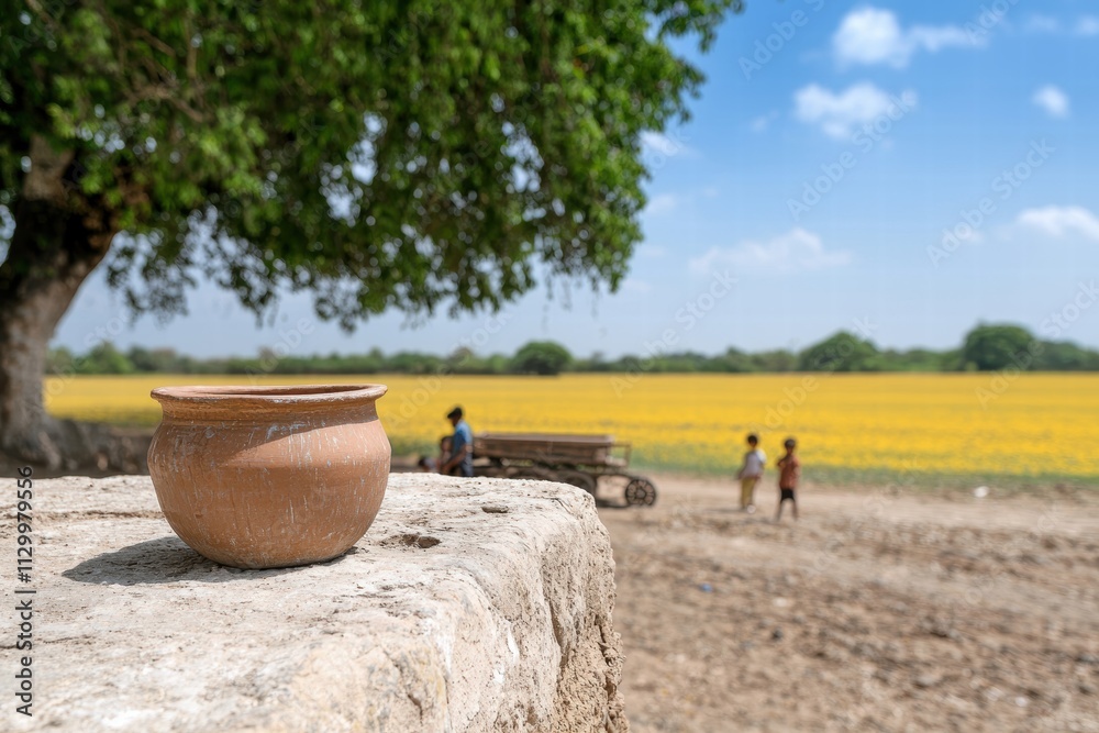 Rustic clay pot in rural landscape Rustic clay pot in rural landscape