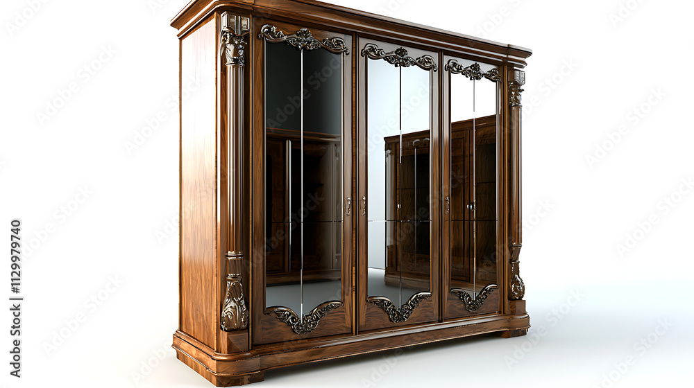 A large wooden cabinet with four doors and glass panels A large wooden cabinet with four doors and glass panels