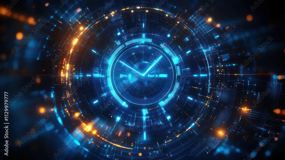 Futuristic Clock Design with Glowing Blue Elements and Dynamic Composition Futuristic Clock Design with Glowing Blue Elements and Dynamic Composition