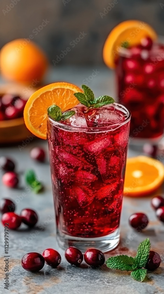 Refreshing cranberry drink garnished with orange slice and mint, served with berries. Refreshing cranberry drink garnished with orange slice and mint, served with berries.