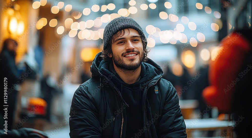 Casual Man Interview in Cozy Urban Setting with Dramatic Lighting and Fairy Lights