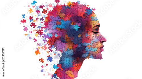 Human head profile and jigsaw puzzle, cognitive psychology or psychotherapy concept, mental health, brain problem, personality disorder, vector line design, Created using generative AI tools, leaving 