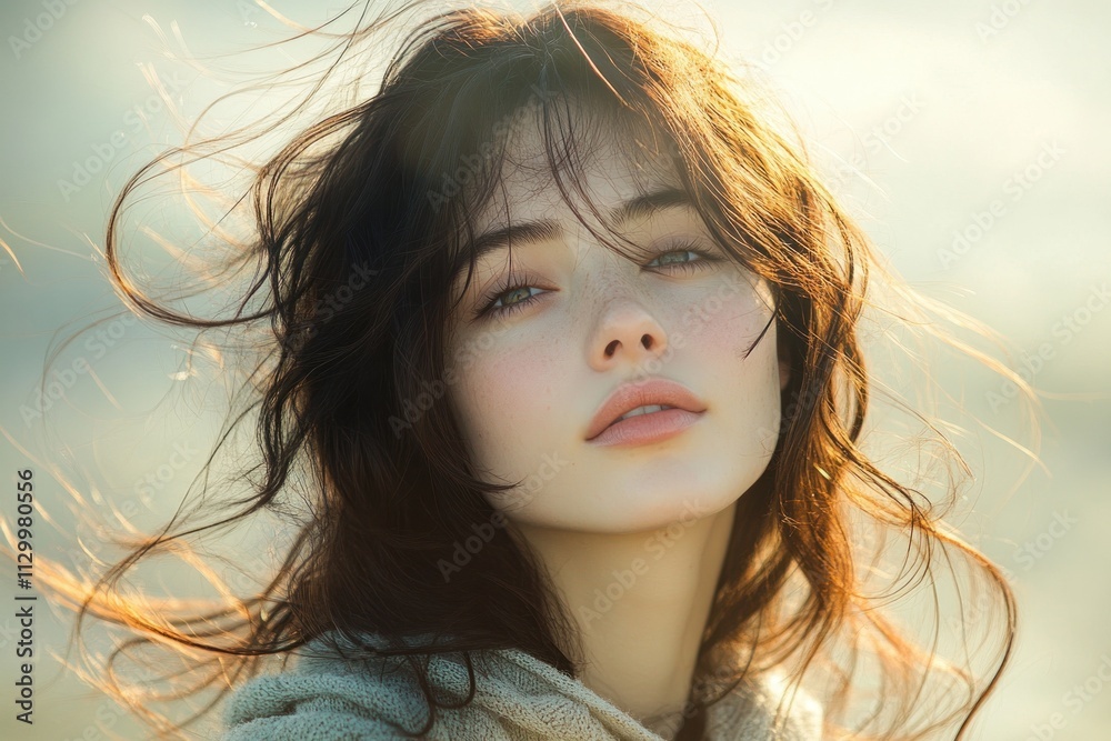 Beautiful young Asian woman with clear skin in soft natural light on pastel background, skincare, facial treatment, beauty portrait