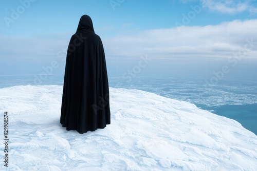 Hooded figure standing on snowy cliff overlooking ocean photo