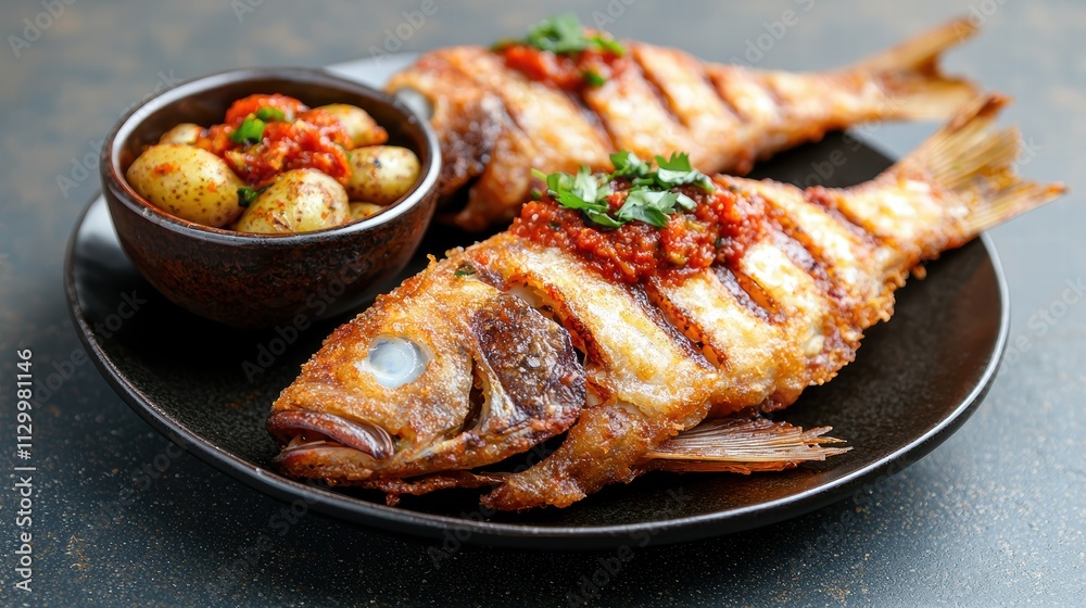 Delicious fried fish with tomato salsa and roasted potatoes