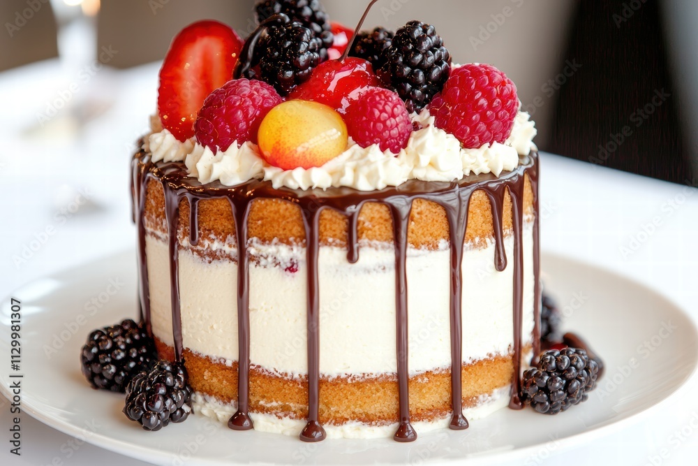 Decadent layered cake with fresh berries and chocolate drizzle Decadent layered cake with fresh berries and chocolate drizzle