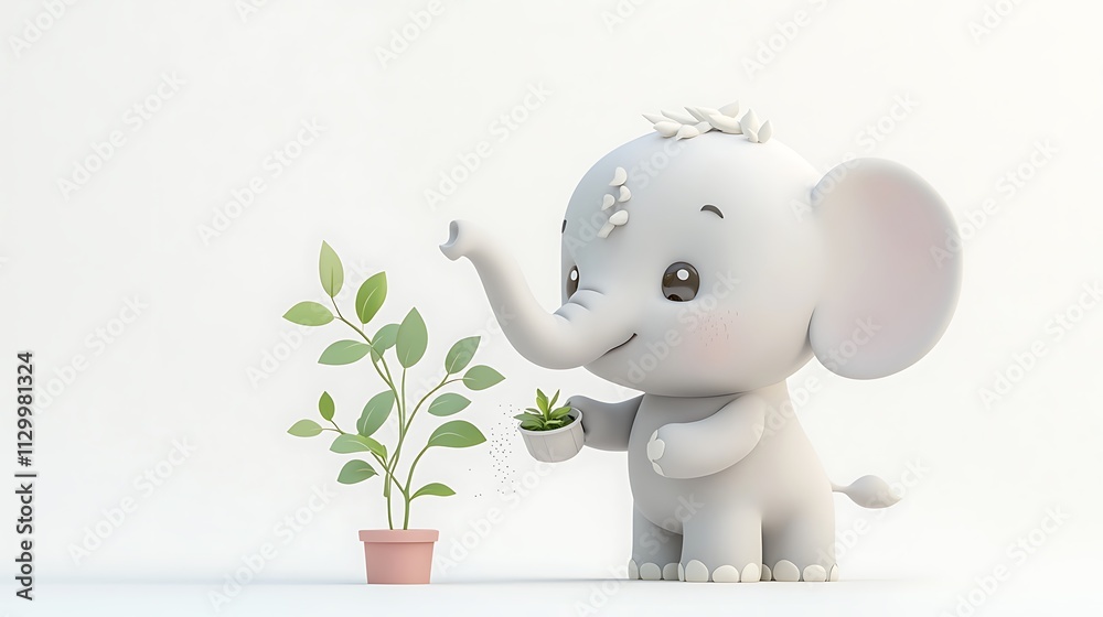 Cute Elephant with Plant: A charming 3D rendering of a baby elephant holding a potted plant, embodying a sense of nurturing, growth, and innocence. Cute Elephant with Plant: A charming 3D rendering of a baby elephant holding a potted plant, embodying a sense of nurturing, growth, and innocence.