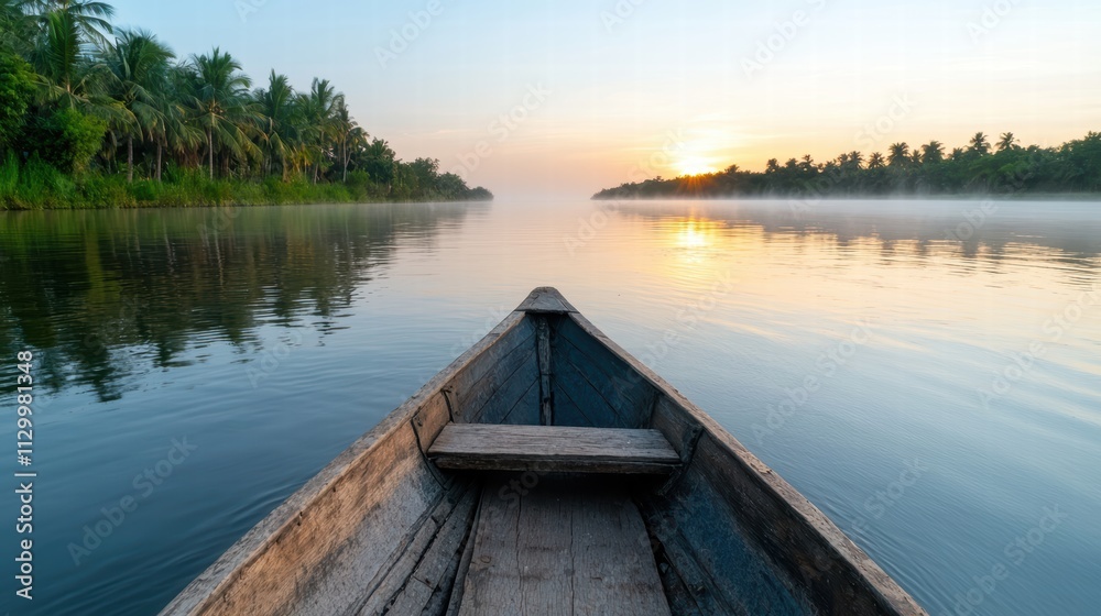 Serene sunrise over tranquil river with wooden boat Serene sunrise over tranquil river with wooden boat