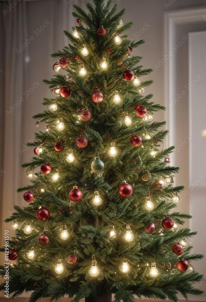 Christmas tree branches with ornaments and lights hanging from the limbs, greenery, evergreen, forest-like setting Christmas tree branches with ornaments and lights hanging from the limbs, greenery, evergreen, forest-like setting