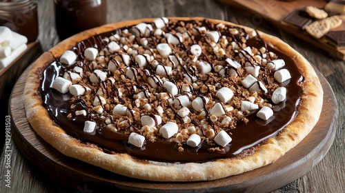 Delicious dessert pizza with chocolate and marshmallows.