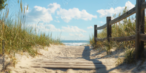 Wallpaper Mural A wooden path leading to the beach, surrounded by dunes and tall grasses under a blue sky with white clouds, generative AI Torontodigital.ca