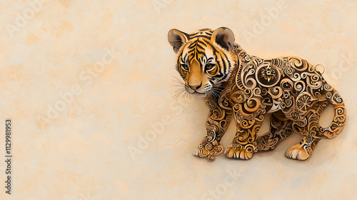 traditional Chinese zodiac tiger with intricate patterns, symbolizing strength and courage. This artistic representation showcases vibrant details photo