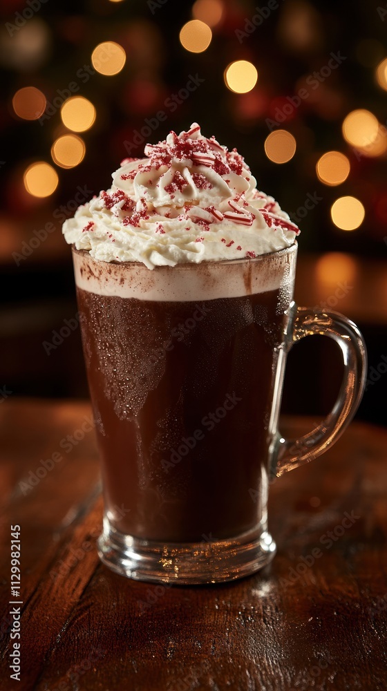A festive mug of hot chocolate topped with whipped cream and crushed peppermint. A festive mug of hot chocolate topped with whipped cream and crushed peppermint.