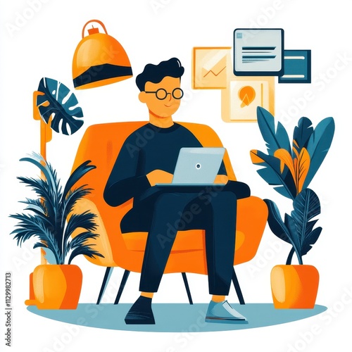 Fraud-proof API integrations showcasing a man sitting in an orange chair with a laptop, emphasizing technology, security, and modern workspace aesthetics for innovative solutions. photo