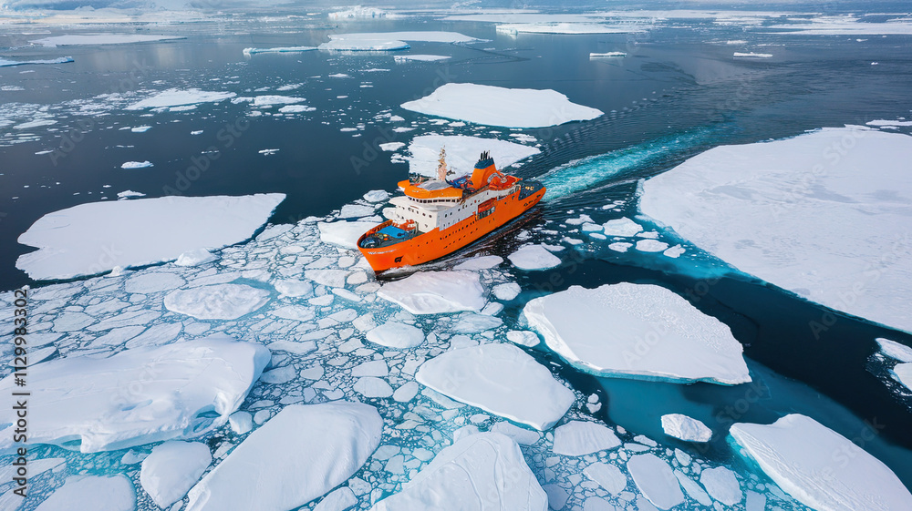 Aerial View of Icy Waters with Floating Ice Chunks, Vibrant Ship Sailing Amidst Blue and White Landscape, Journey Through Arctic or Antarctic Exploration Scene