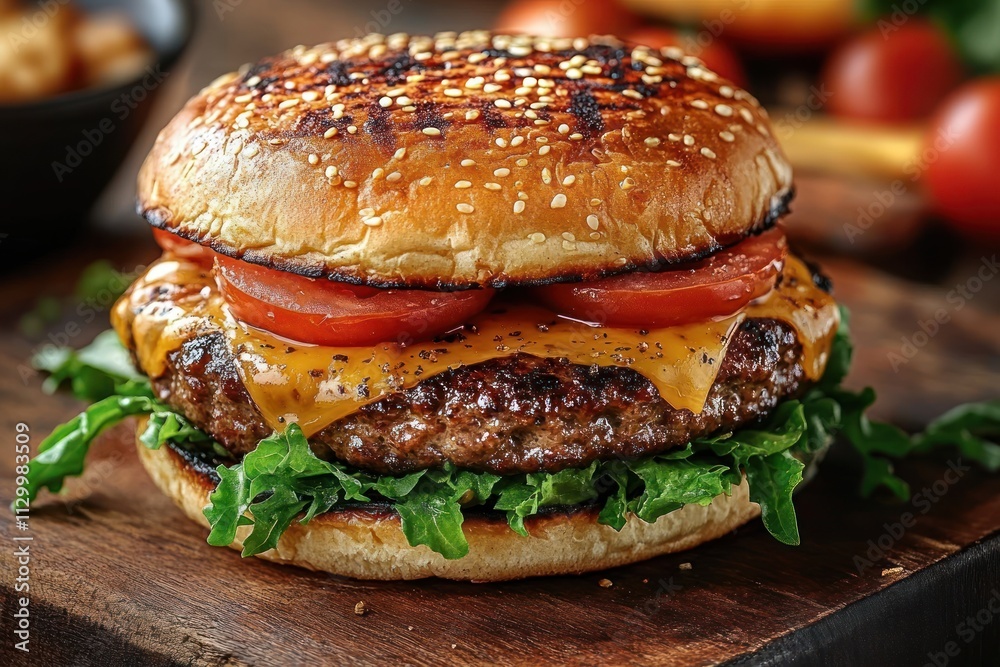 Juicy Cheeseburger with Bacon and Fresh Vegetables on Sesame Seed Bun with Rustic Potato Wedges and Natural Light