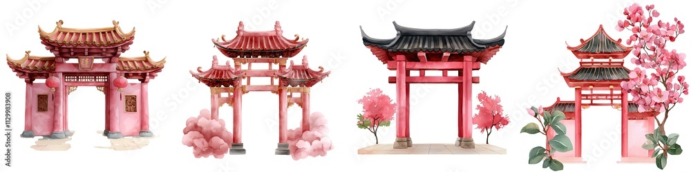 Chinese New Year A collection of beautiful Asian gates surrounded by blooming flowers, showcasing elegant architectural designs and vibrant colors. Chinese New Year A collection of beautiful Asian gates surrounded by blooming flowers, showcasing elegant architectural designs and vibrant colors.