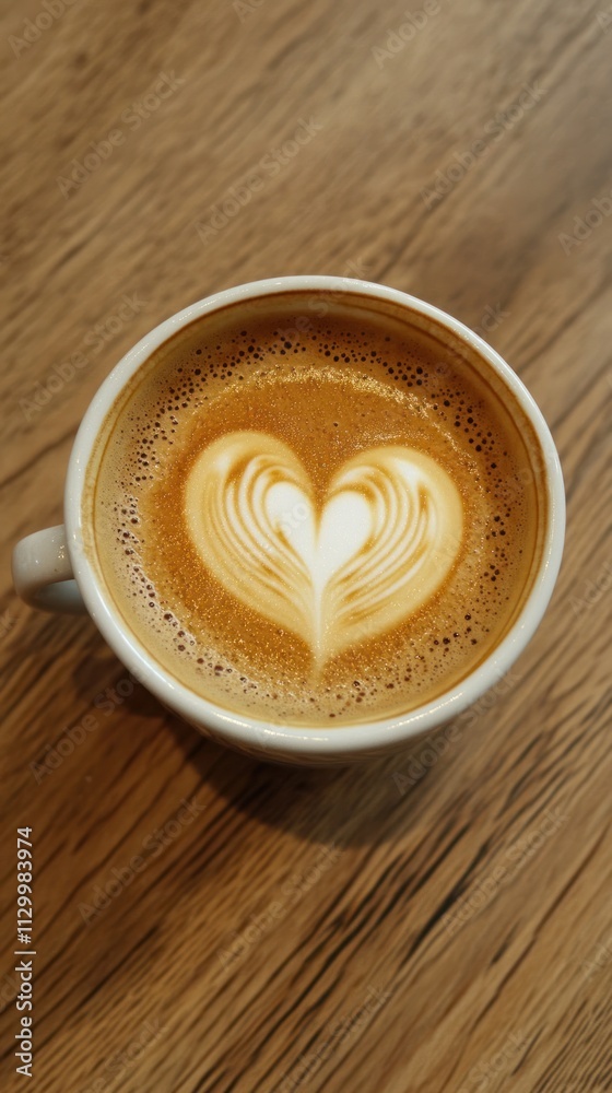 A heart-shaped latte art in a white cup on a wooden table. A heart-shaped latte art in a white cup on a wooden table.