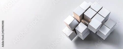 A cluster of white cubes arranged with varying alignment, creating a modern, minimalistic visual effect on a light background.