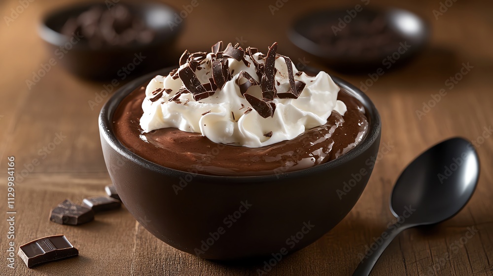 Rich chocolate dessert topped with cream Rich chocolate dessert topped with cream
