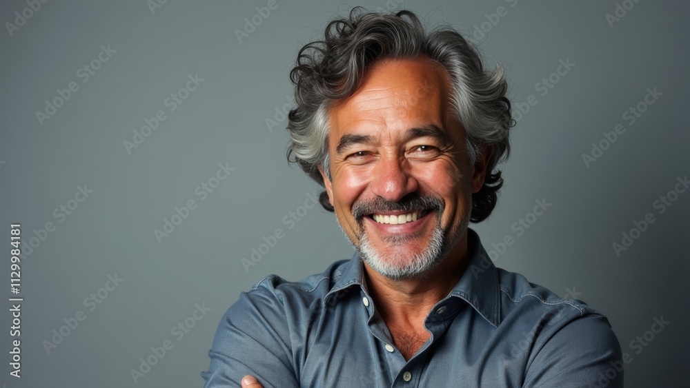 Handsome Man With Curly Hair Beams Joyfully While Crossing Arms in a Well-Lit Studio Setting Handsome Man With Curly Hair Beams Joyfully While Crossing Arms in a Well-Lit Studio Setting