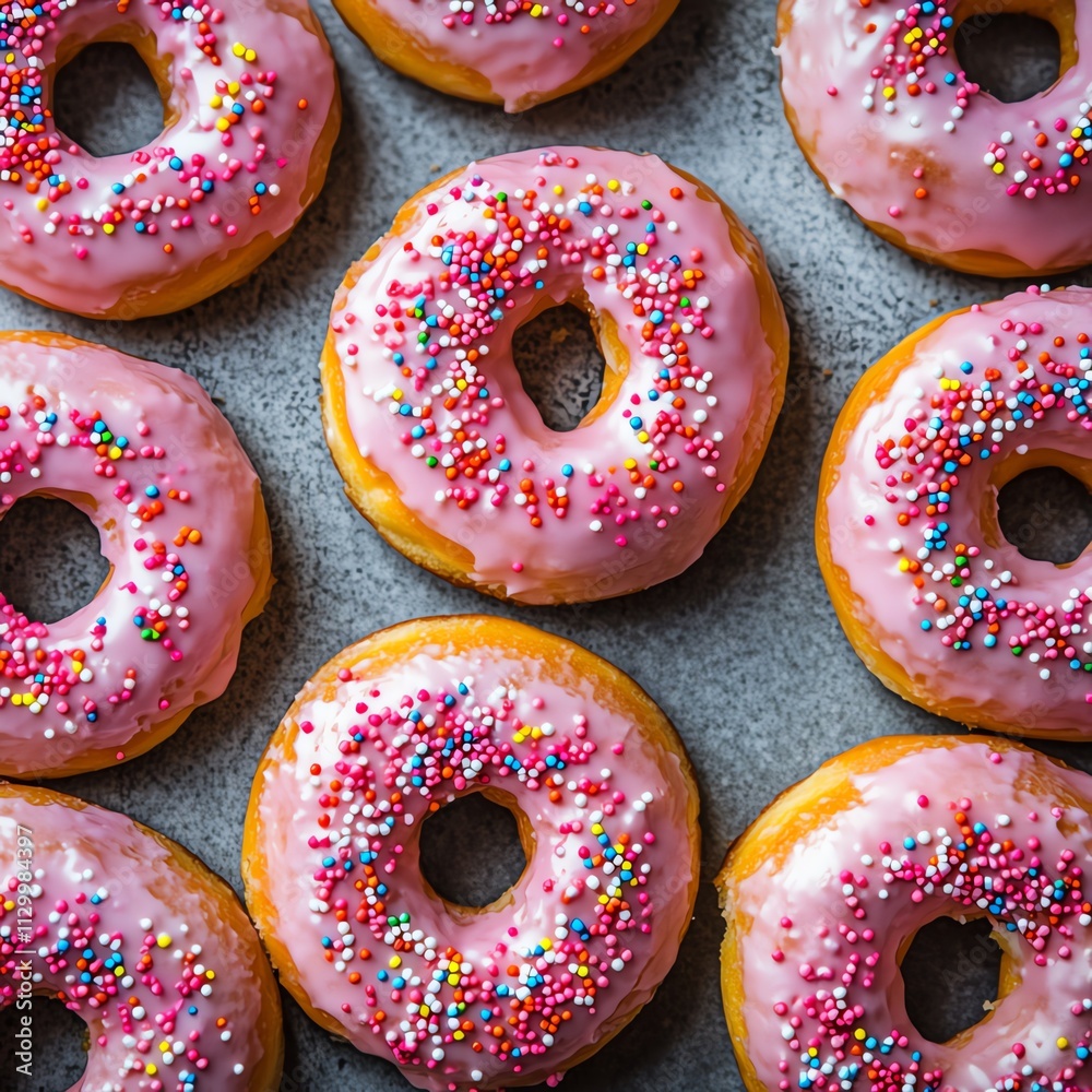 Colorful donuts with sprinkles on a surface. Colorful donuts with sprinkles on a surface.