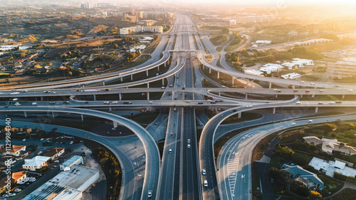Aerial View of Complex Highway Interchange with Curving Roads, Cars in Motion, Surrounding Residential Areas, Patches of Greenery, and Warm Golden Glow from Rising or Setting Sun Highlighting Urban 