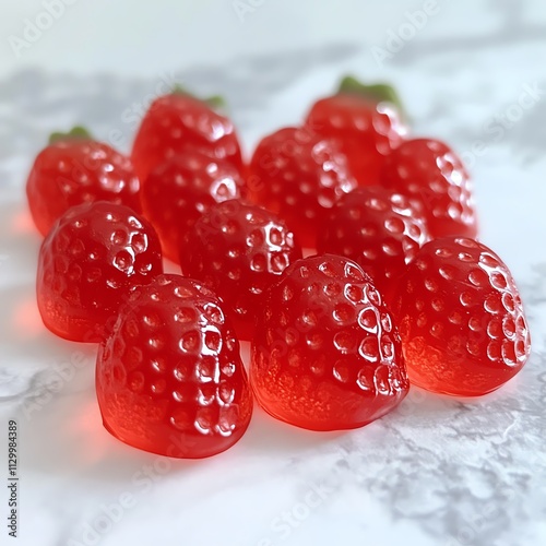 Colorful gummy strawberry candies on display. photo