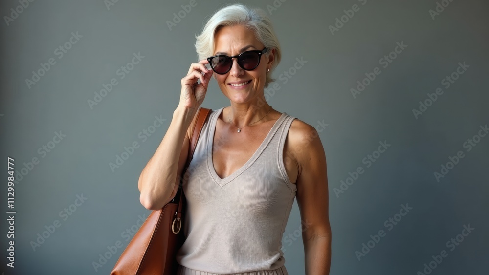 Fototapeta premium Elegant Woman Smiling Confidently While Wearing Stylish Sunglasses and a Chic Outfit in a Minimalistic Indoor Setting