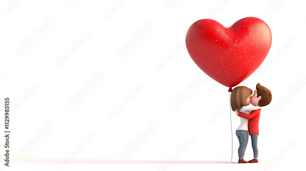 3D cartoon couple hugging under large red heart balloon, expressing love and affection 3D cartoon couple hugging under large red heart balloon, expressing love and affection