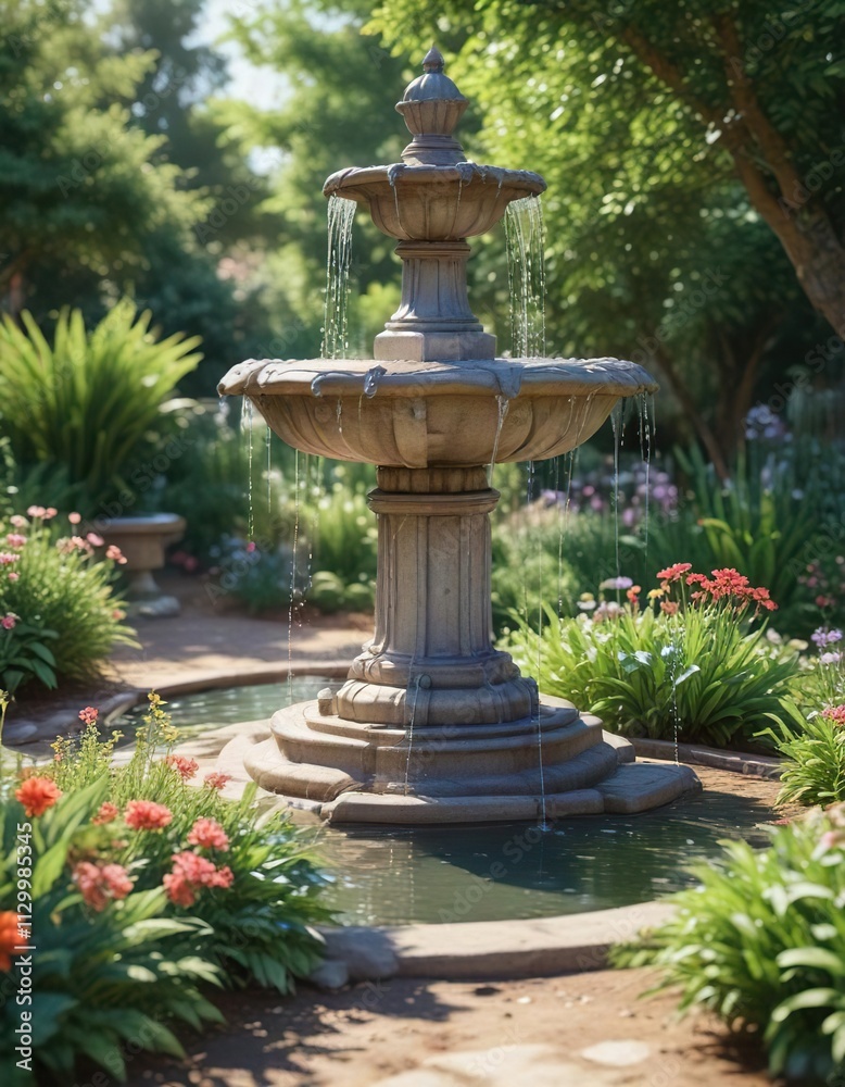 Close-up of a watercolor fountain in a garden setting, water, watercolor, garden Close-up of a watercolor fountain in a garden setting, water, watercolor, garden