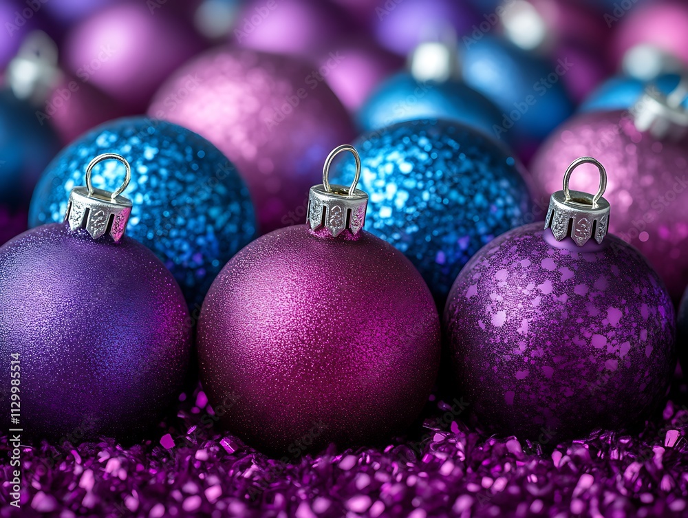 Purple and Blue Glitter Christmas Ornaments Resting on Purple Glitter