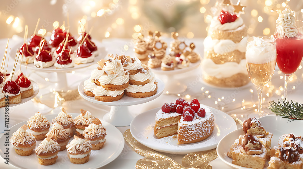 festive party table adorned with delightful desserts, including cakes, pastries, and drinks, creating joyful atmosphere festive party table adorned with delightful desserts, including cakes, pastries, and drinks, creating joyful atmosphere