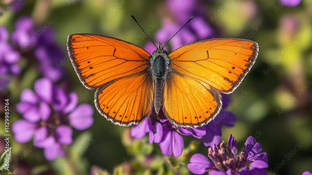 Orange butterfly perched on purple wildflower Orange butterfly perched on purple wildflower