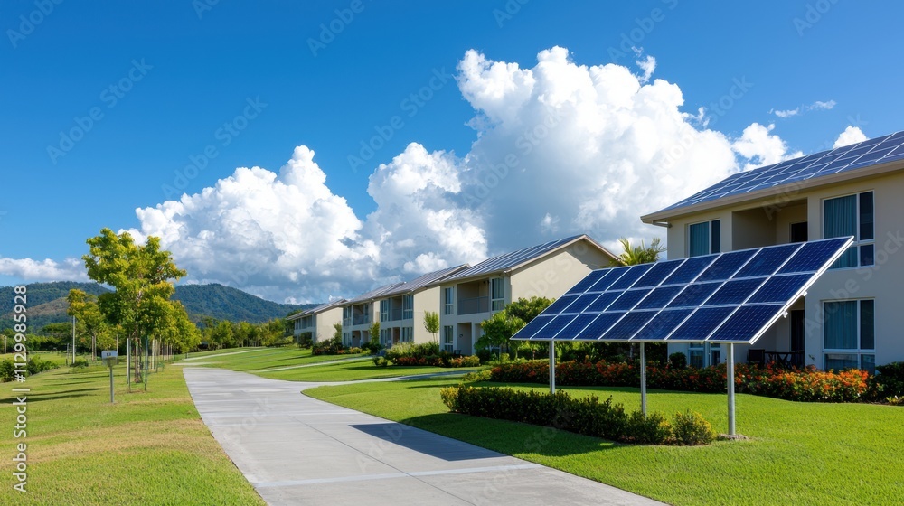 Modern Eco Resort with Solar Panels and Lush Landscape Modern Eco Resort with Solar Panels and Lush Landscape