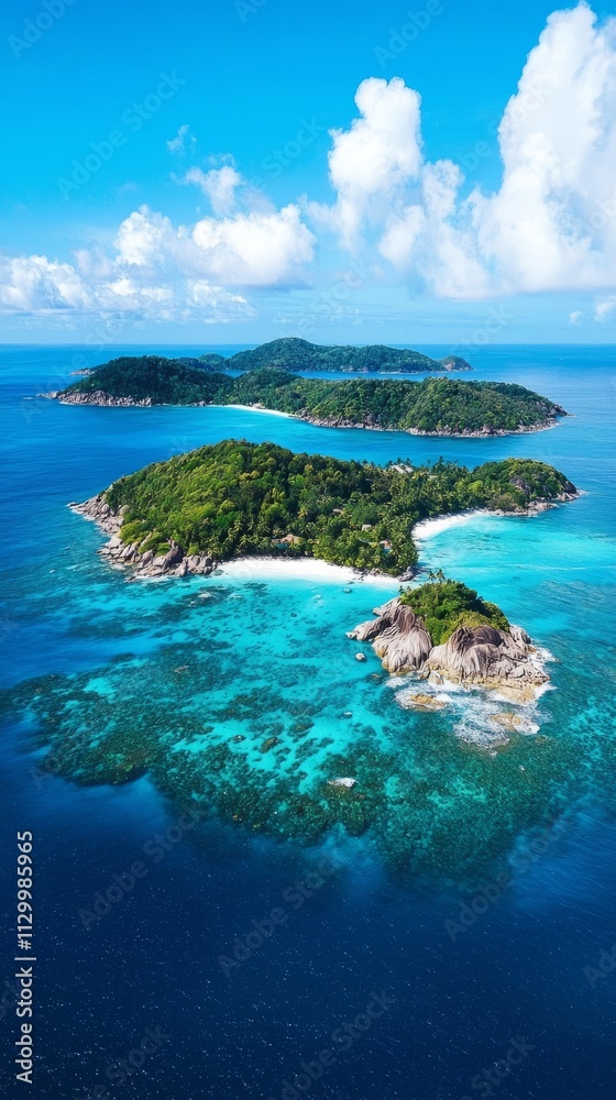 Fototapeta premium This breathtaking tropical island showcases vibrant turquoise waters surrounding lush greenery, inviting travelers to explore its serene beauty beneath a clear blue sky