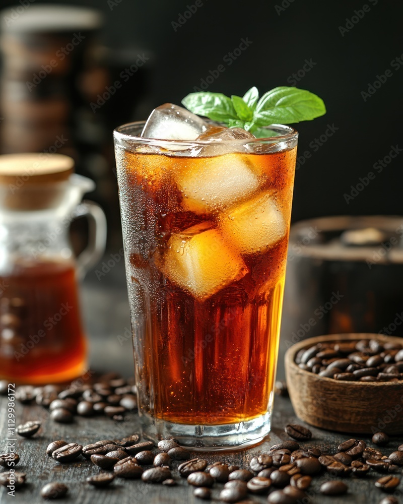 A refreshing iced beverage with mint and coffee beans on a wooden table. A refreshing iced beverage with mint and coffee beans on a wooden table.